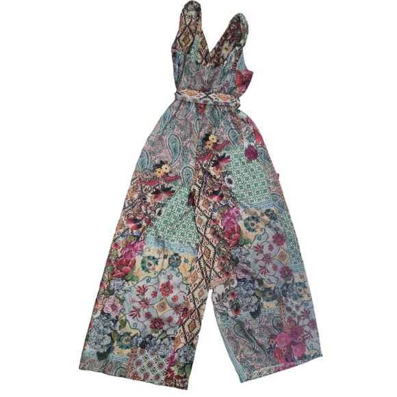 ZARA Paparazzi Patchwork Floral Geometric Belted Multicolor Jumpsuit Size S - Picture 8 of 12